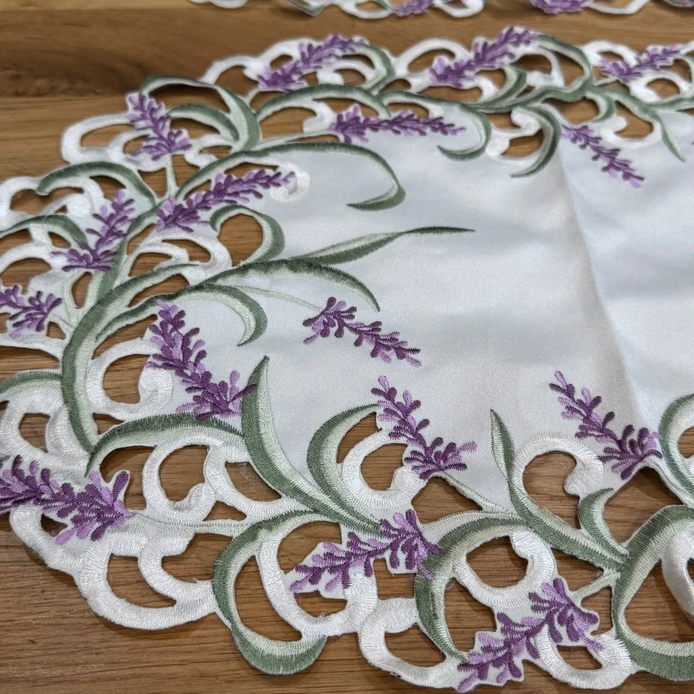 Lat Lavender Embroidered Placemats Set of 2 White Purple Floral Oval Country